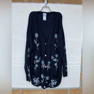 Laura Ashley Navy Blue Cardigan Sweater White Blue Embroidered Flowers Pockets L
